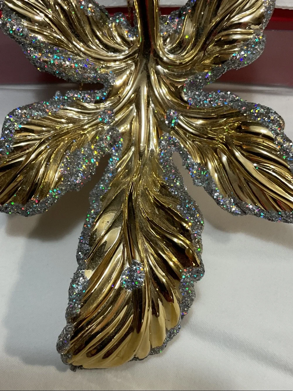 Gold Glitter Leaf Holiday Ornament - Decorative Hanging Accent